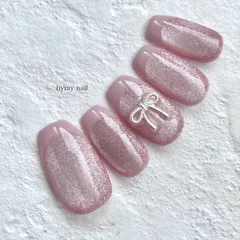 ネイルチップ　ブライダル　ウェディング　リボン　マグネット　フレンチネイル　ピンク　韓国　ワンホン　お呼ばれ　お出かけ
