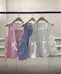 白ノースリーブ コットンシャーリング フリルピンク 夏 シャツスクエアネック ブラウス