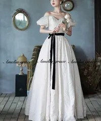 オフショルダー ウェディングドレス パーティー リボン 結婚式 前撮り 二次会