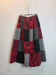 パッチワーク Long スカート レッド CHECK フラワー