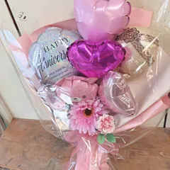 シャイニーピンクハートバルーンHAPPYanniversaryブーケ ガーベラ造花