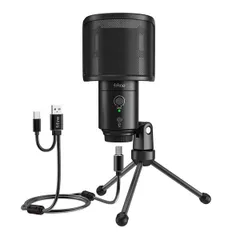 FIFINE USBコンデンサーマイク パソコンマイク プレステマイク 単一指向性 イヤホン出力端子付き USB-A/Cの分岐ケーブル付き ポップガード付き ワンタッチミュート YouTube Skype Discord Zoom 録音 ゲーム実況 ボイズチャ