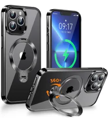 ★【360°回転無制限・縦横両対応】FONKCASE iPhone 13 Pro Max 用 ケース Magsafe対応【CDリング・スタンド一体】角度調整可能 ストラップホール付き【本体の色・メッキバンパー】ブラック