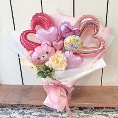 ピンクオープンハートバルーンthank youブーケ 造花ピオニー