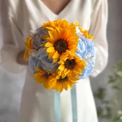 ひまわり×水色ラウンドブーケ☆ブートニア