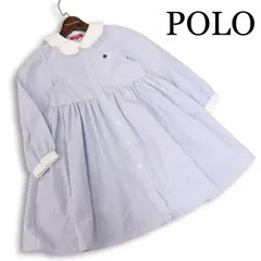 【美品】petit main × POLO BCS プティマイン フリルカラー 刺繍★ 長袖 ストライプ シャツ ワンピース Sz.130　キッズ
