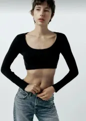 ZARA(ザラ) ロング スリーブ リブ クロップド Tシャツ トップス
