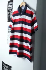 （ L ー XL ） Tommy Hilfiger(トミーヒルフィガー) 半袖 カラー Tシャツ 小さな汚れ ストライプ- 13445