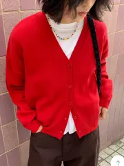 DAILYJOU フロント Vネック ニット カーディガン 赤