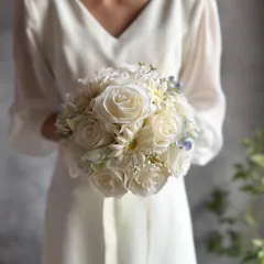 アイボリー×ガーベラ×水色ラウンドブーケ☆ブートニア