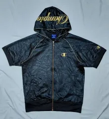 M チャンピオン ジャパン GOLD 刺繍 ロゴ 半袖 WHO フード トラックジャージ (ブラック/GOLD)