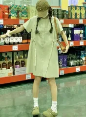 カーキ ラウンド ウエスト紐 半袖 ワンピース