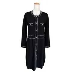 Super Beauty ニットワンピース 40 ブラック 配色ステッチ ビジュー装飾 長袖 Aライン スーパービューティー 黒 バイカラー 上品 エレガント