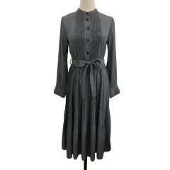 インデックス INDEX ワンピース シャツワンピ プリーツ ロング バンドカラー 千鳥格子 チェック リボンベルト 長袖 S 黒 白 ブラック ホワイト