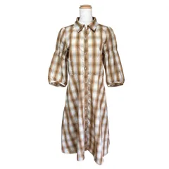 axes femme チェック柄シャツワンピース M ブラウン ベージュ ウエストゴム ロングワンピース 七分袖 アクシーズファム 前開き ナチュラル