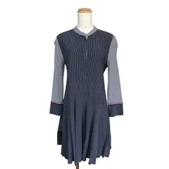 TOMMY HILFIGER ストライプワンピース 4 ネイビー 切替デザイン フレア Aライン トミーヒルフィガー 長袖 マリン柄 バイカラー