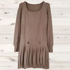 B1866 ヴィンテージ Vintage チュニック ワンピース 長袖 ブラウン 茶系 プリーツスカート ピンタック スクエアネック レトロ ガーリー