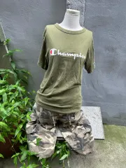 ヴィンテージ Champion(チャンピオン) カーキ ロゴ プリント 半袖Tシャツ