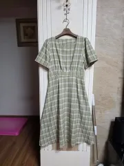 0807 ) チェックパターン 半袖 ロング ワンピース