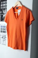 W(L) ポロ ラルフローレン 半袖 Tシャツ Vネック オレンジ ポニー-13412