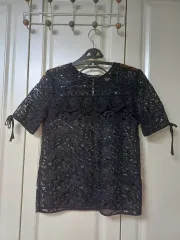 レディース H&M ネイビー シースルー ブラウス レースTシャツ 55