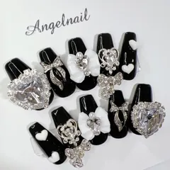 ネイルチップ　ゴテゴテ　サブカル　地雷系　ブラック　リボン　ハート　ちゅるん　韓国