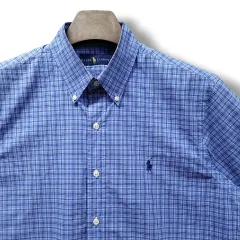 M ポロ 青 チェック コットン 半袖シャツ