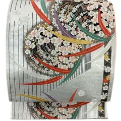 袋帯 名品 桜 葉 金銀糸 刺繍 銀色 六通 正絹 【中古】