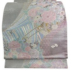 6k741 袋帯 絹 西陣織 プラチナ箔 永徳華昌文 孔雀 銀色 白 ピンク 青