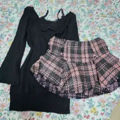 ヴィンテージ) ブラックxピンク 量産型地雷系 キャラチェン風 ロマンティック ツイードst ティアード CHECK スカート