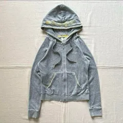 希少モデル　archive　アーカイブ　adidas　アディダス　ベロア生地　フードデカロゴ刺繍　フルジップアップ　パーカー型　短丈トラックジャケット　ジャージ　グレー×イエロー　首ヒモ　M　Y2K　平成ギャル　グランジ　zip-up velour parka