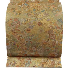 【美品】 袋帯 秀品 遊艶彩彫金 束ね熨斗 花鳥 金糸 本金重ね箔 金色 六通 正絹 【中古】