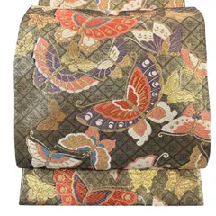 【美品】 袋帯 秀品 蝶 斜め格子 刺繍 金糸 金色 六通 正絹 【中古】