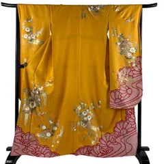 振袖 身丈164cm 裄丈66cm M 袷 鼓 草花 金彩 絞り オレンジ 正絹 秀品 【中古】