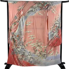 振袖 身丈163cm 裄丈64cm M 袷 誰が袖 鶴 金糸 金銀彩 ピンク 正絹 秀品 【中古】