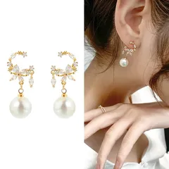 ピアス レディース パール 揺れる 大ぶり 花 フラワー リーフ ビジュー スタッドピアス 18kコーティング ゴールド 金属アレルギー対応 イミテーションパール キュービックジルコニア 上品 華奢 大人可愛い 結婚式 入学式 卒業式 プレゼント 送料無料