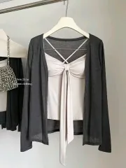 新品/*割引* チャコール カーディガン + リボン チュ−ブトップ ノースリーブ セット