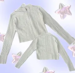 GU 日本 ヴィンテージ Y2K ケーブル編み クロップド ジップアップ 白 カーディガン