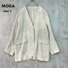 MOGA モガ ノーカラージャケット オフホワイト 麻  1ボタン Vネック カーディガン感覚 羽織り 軽やか 上品 綺麗め オフィス カジュアル 大人可愛い 抜け感 ボクシーシルエット ポケット付き 1サイズ シンプル 無地 定番 size1 ★ ■◇のサムネイル