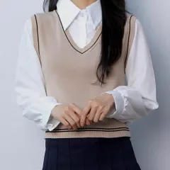 一体型ブラウス Vネック ニット ベスト レイヤード ベージュ