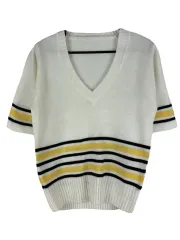 XS JPN バイカラー Vネック 半袖ニット クリーム