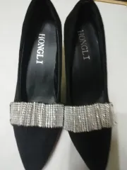 ブラック スウェード キュービック 装飾 レディース パンプス 235 新品