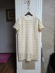 0806 ) アイボリー パンチング レース 半袖 ワンピース