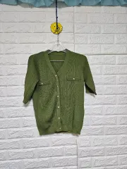 ほぼ新品) グリーン リブ ニット 半袖 カーディガン 90