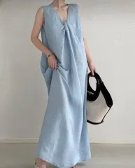 ロングキャミソール シフォンシャーリング 夏 マキシ Vネック ブルー ONE PIECE