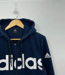 adidas(アディダス) つづり ビッグロゴ ネイビー フル フード付き ジップアップパーカー