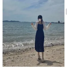 ノースリーブ ビスチェ 夏 ロング丈ワンピース ネイビー (フリーサイズ)