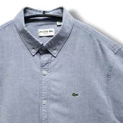 M LACOSTE(ラコステ) グレー コットン ストレッチ ボタンダウン 半袖シャツ