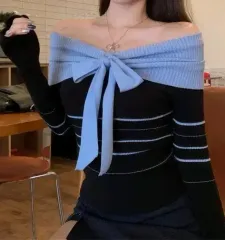 新品/*馬狼 照英発送* バイカラー リボン オフショルダー ニット ブルー