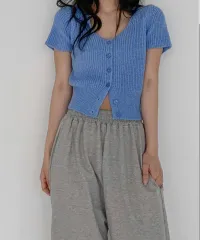 ボタン クロップド ニット 半袖 カーディガン 青